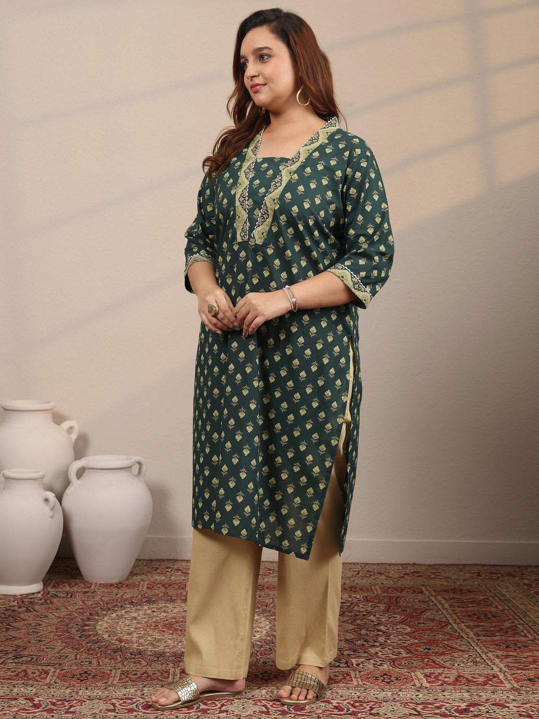  Plus Size Green Printed Cotton Straight Kurta 