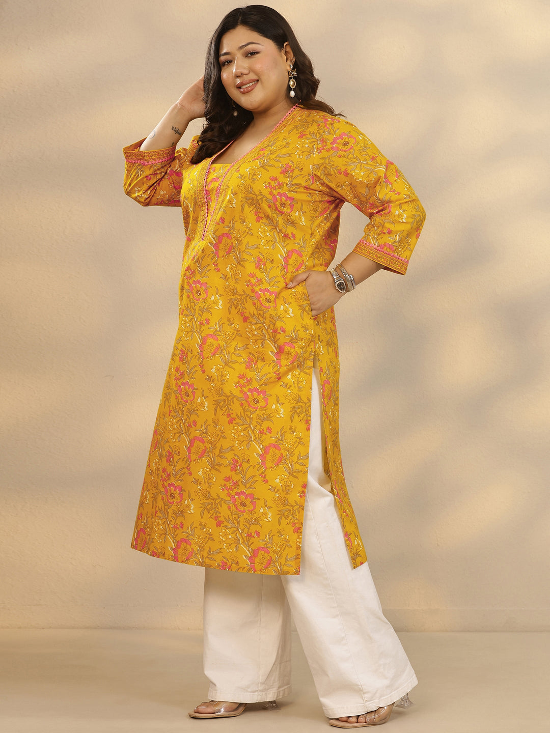  Plus Size Mustard Printed Cotton Straight Kurta 