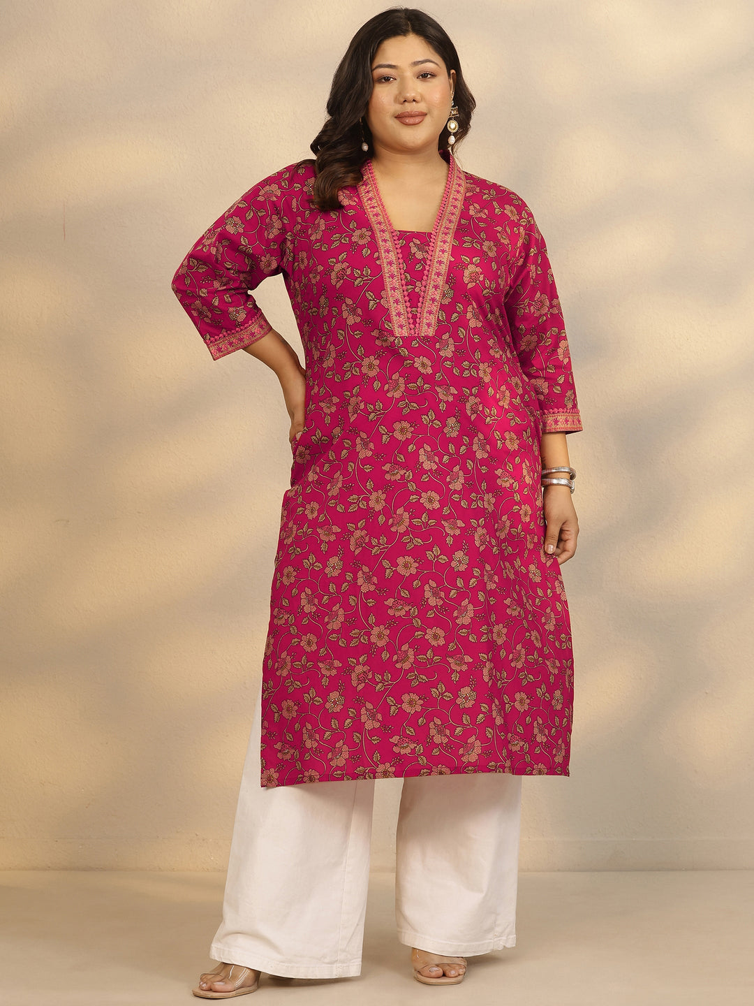  Plus Size Pink Printed Cotton Straight Kurta 