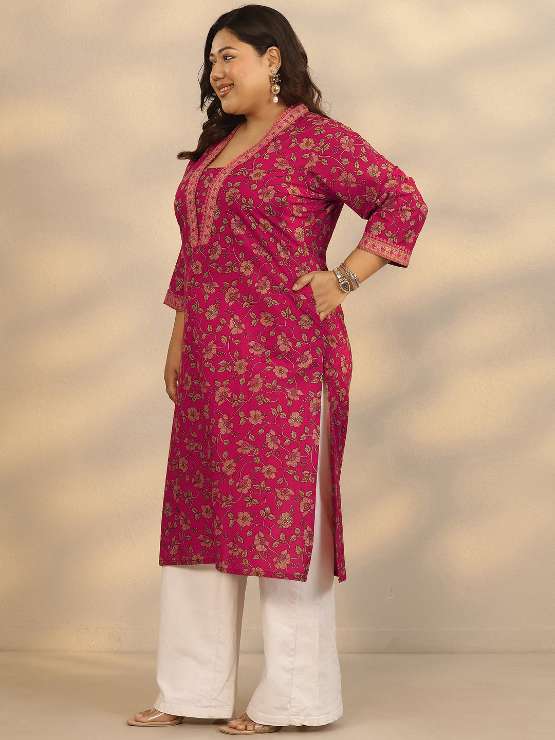  Plus Size Pink Printed Cotton Straight Kurta 