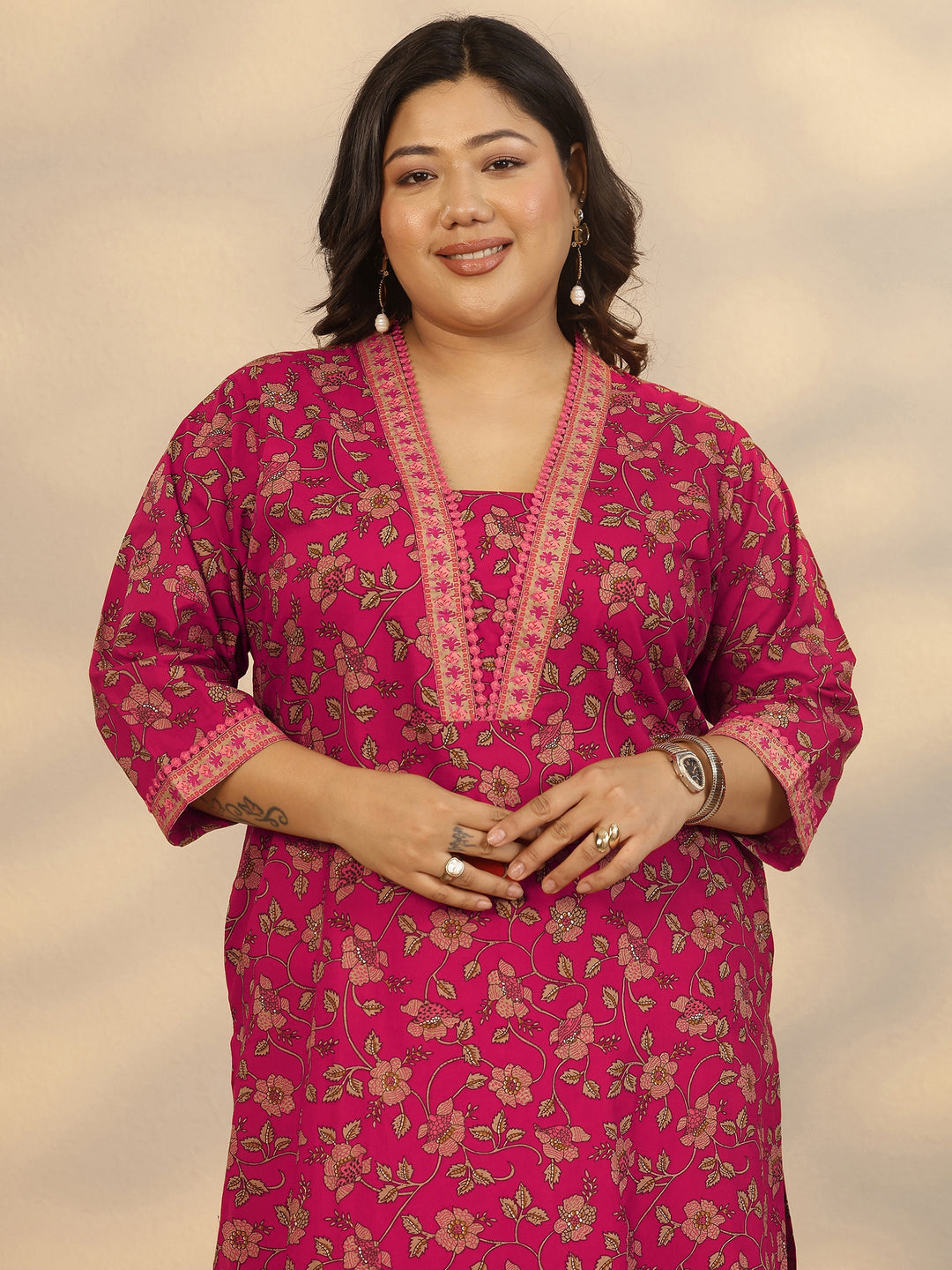  Plus Size Pink Printed Cotton Straight Kurta 