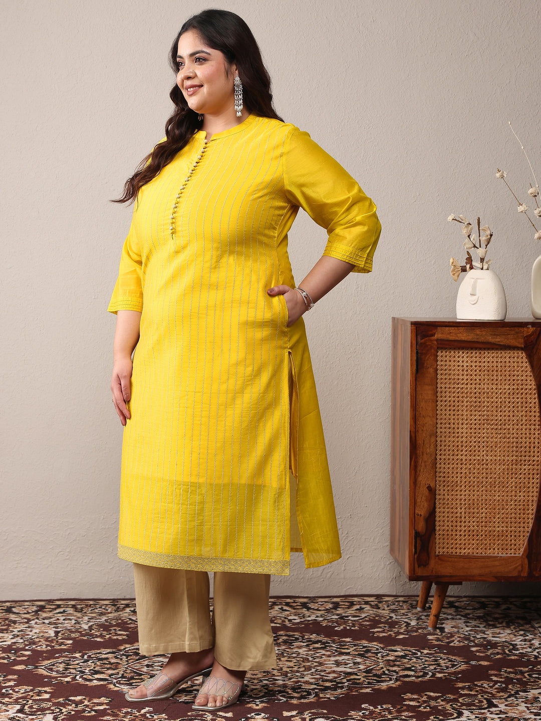  Plus Size Yellow Striped Embroidered Silk Blend Straight Kurta 