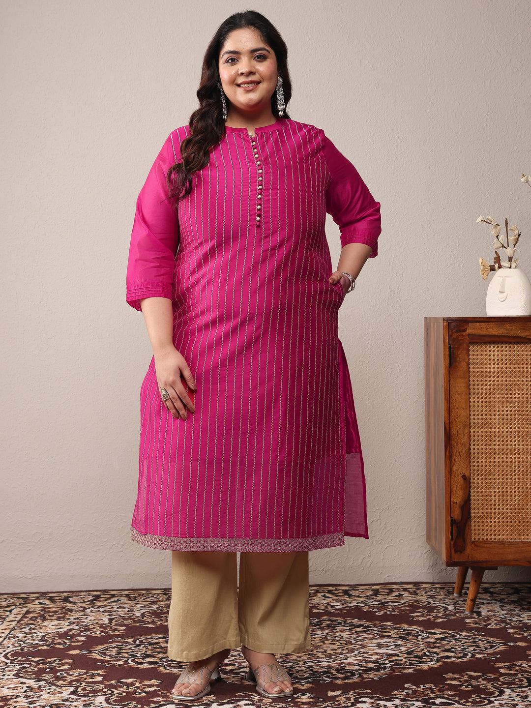  Plus Size Pink Striped Embroidered Silk Blend Straight Kurta 
