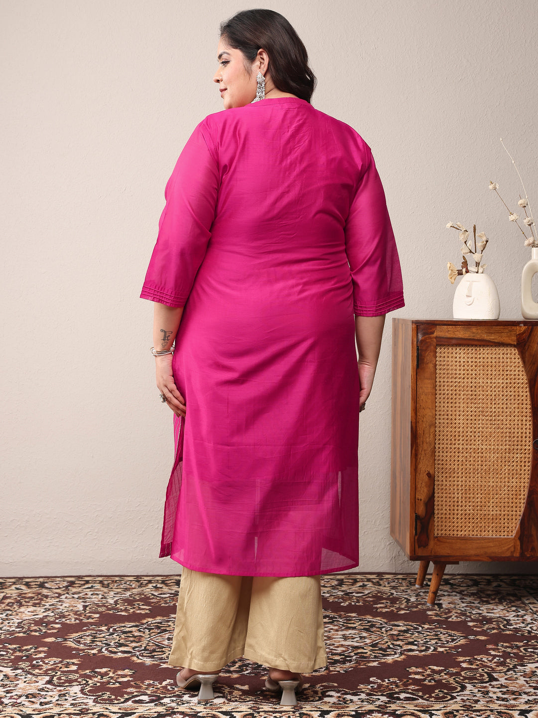  Plus Size Pink Striped Embroidered Silk Blend Straight Kurta 