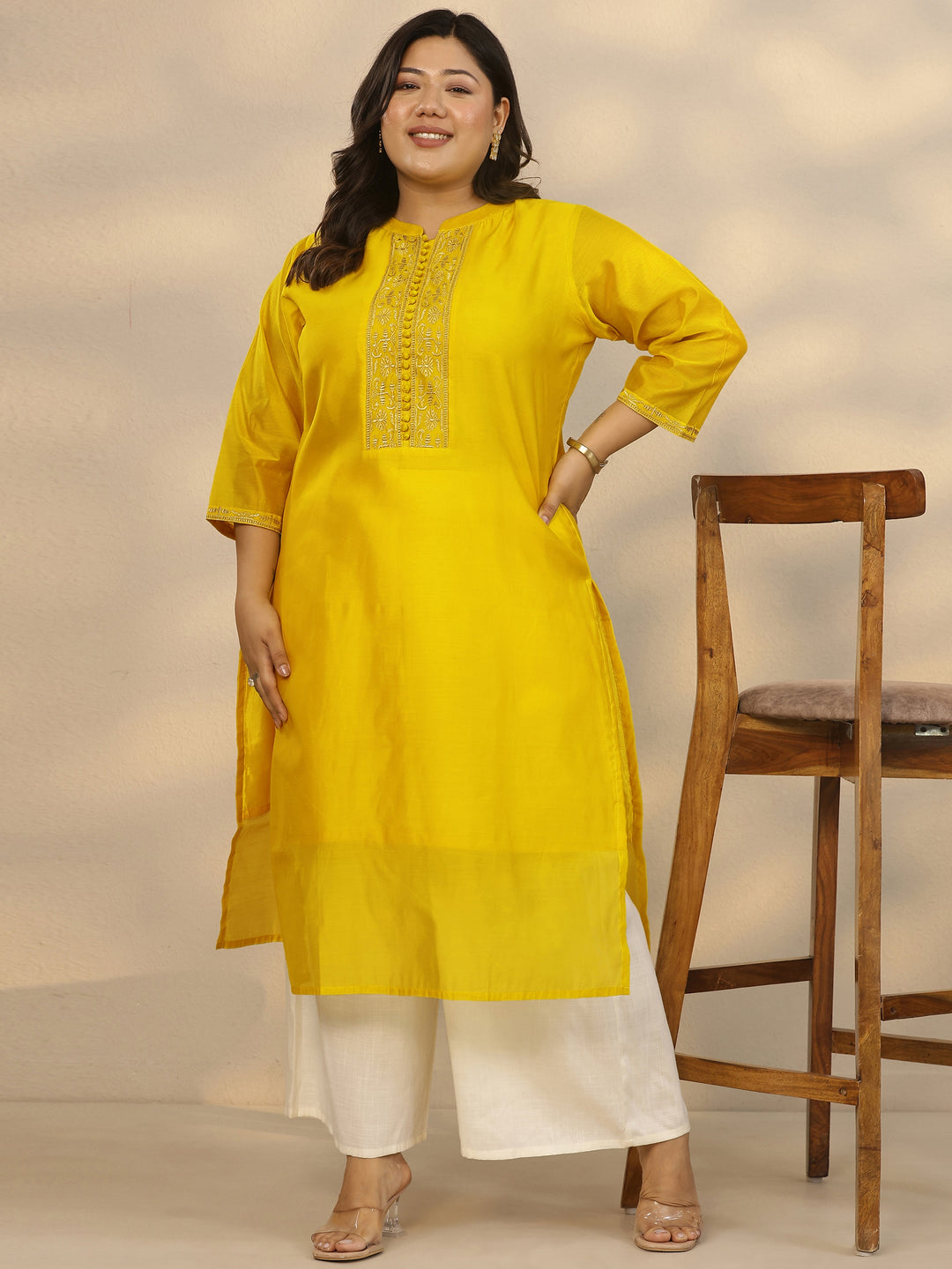  Plus Size Yellow Yoke Design Silk Blend Straight Kurta 