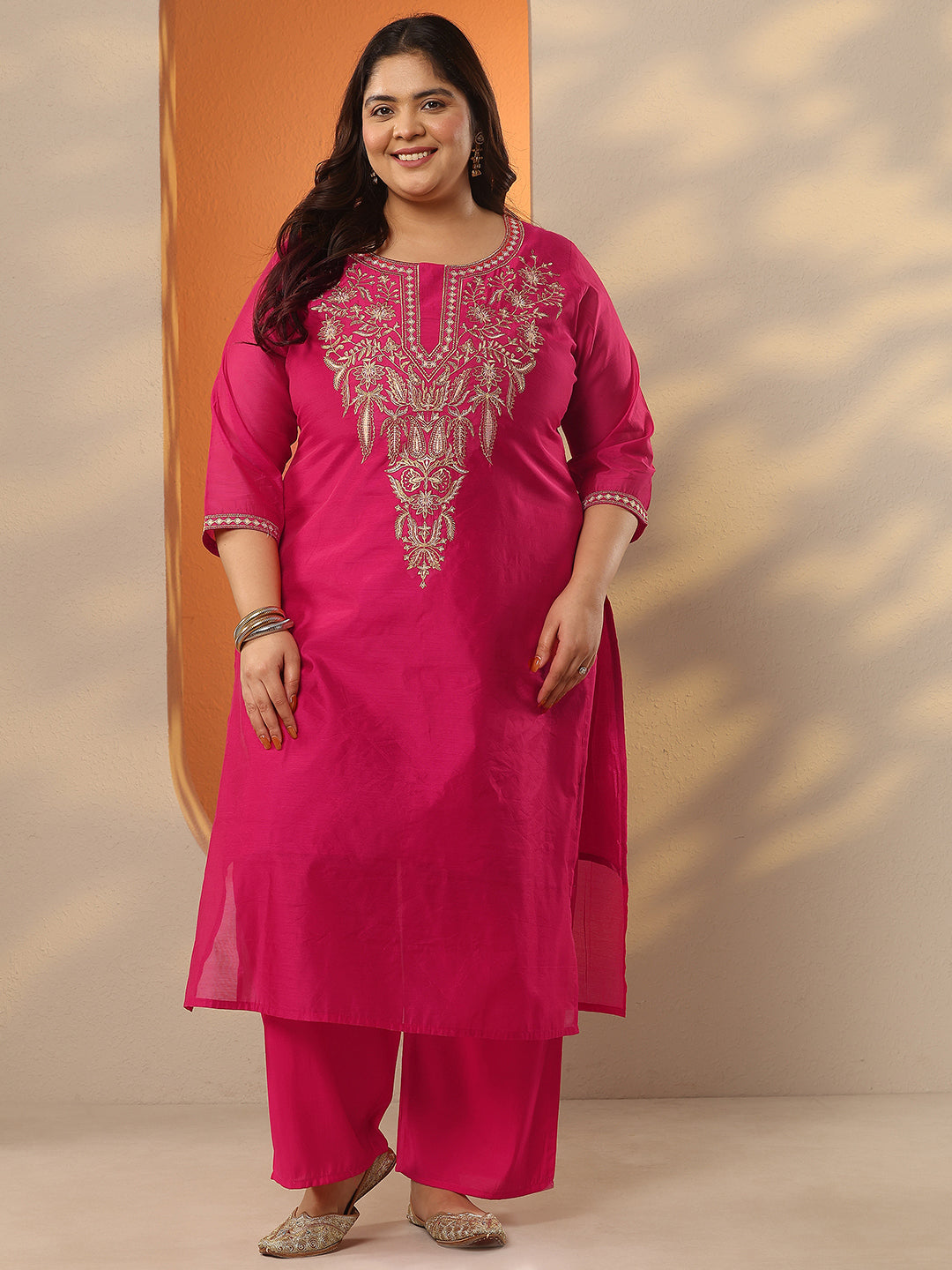  Plus Size Pink Embroidered Silk Blend Straight Kurta 