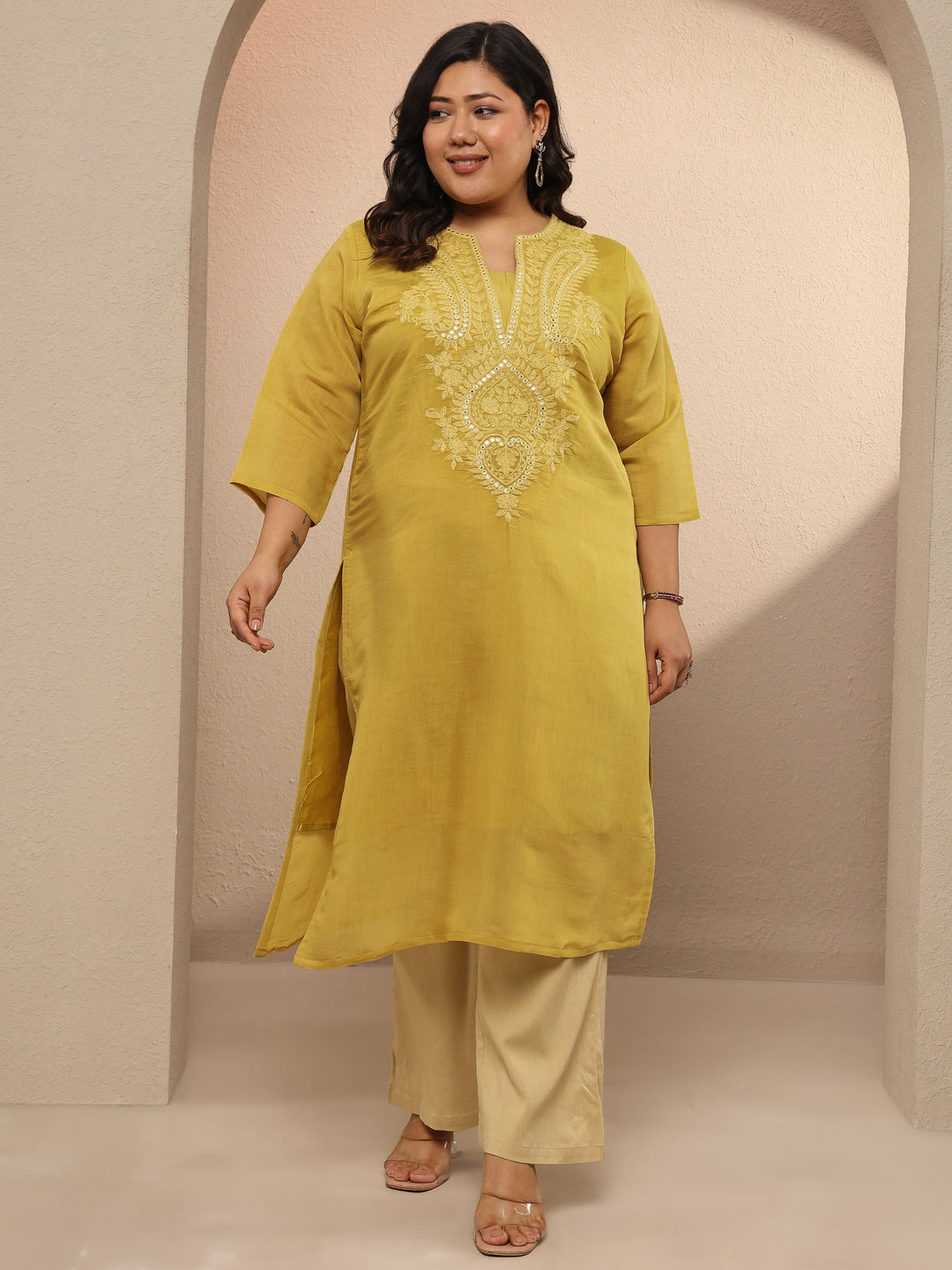  Plus Size Mustard Embroidered Silk Blend Straight Kurta 