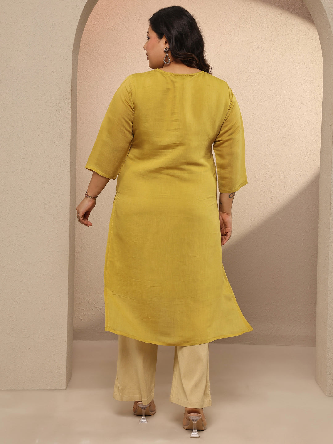  Plus Size Mustard Embroidered Silk Blend Straight Kurta 
