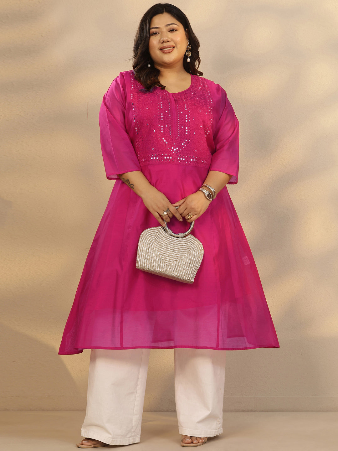  Plus Size Pink Yoke Design Silk Blend A-Line Kurta 