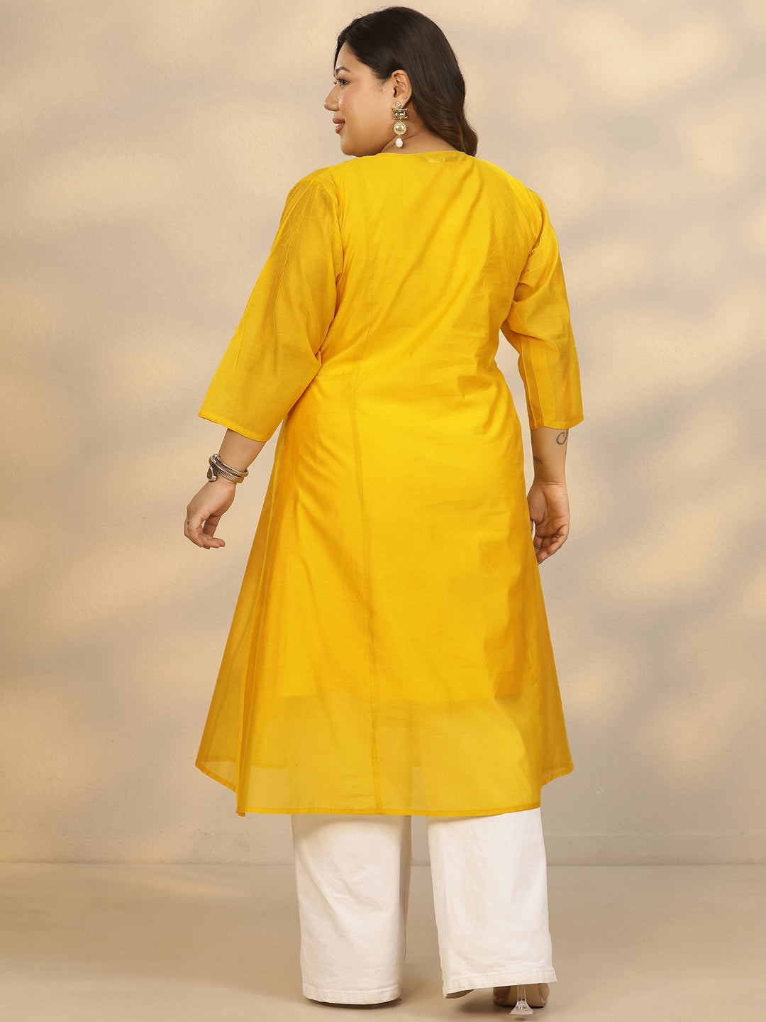  Plus Size Mustard Yoke Design Silk Blend A-Line Kurta 