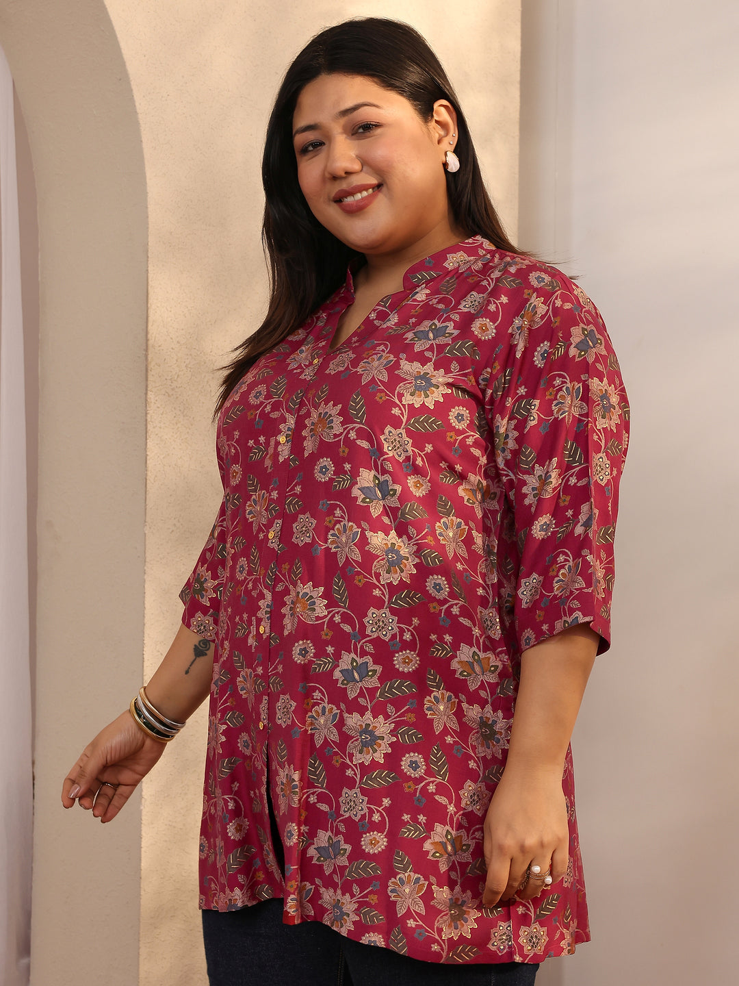  Plus Size Maroon Printed Silk Blend Straight Short Kurti 