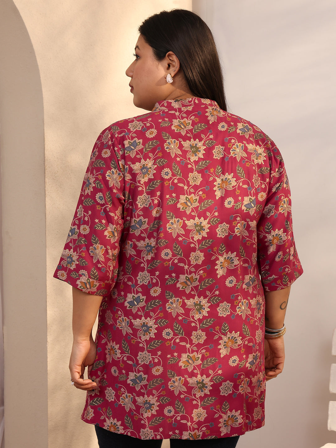  Plus Size Maroon Printed Silk Blend Straight Short Kurti 