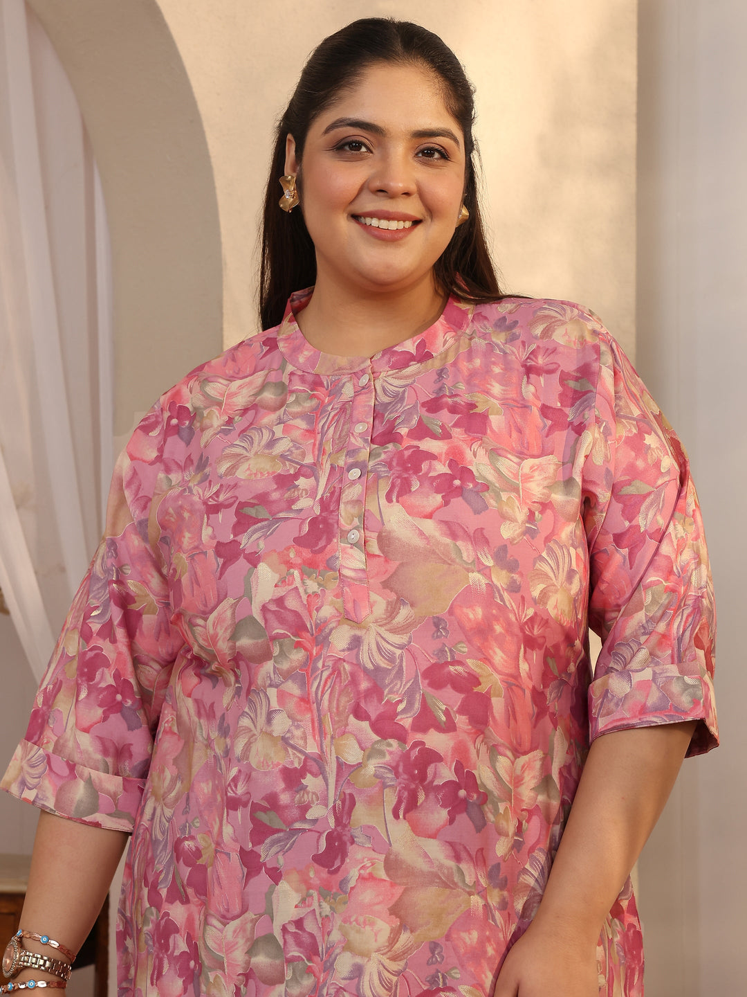  Plus Size Pink Printed Silk Blend Straight Short Kurti 