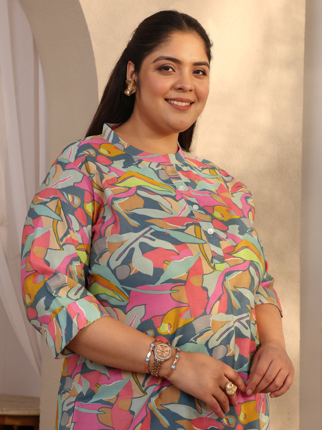  Plus Size Multi Printed Silk Blend Straight Short Kurti 