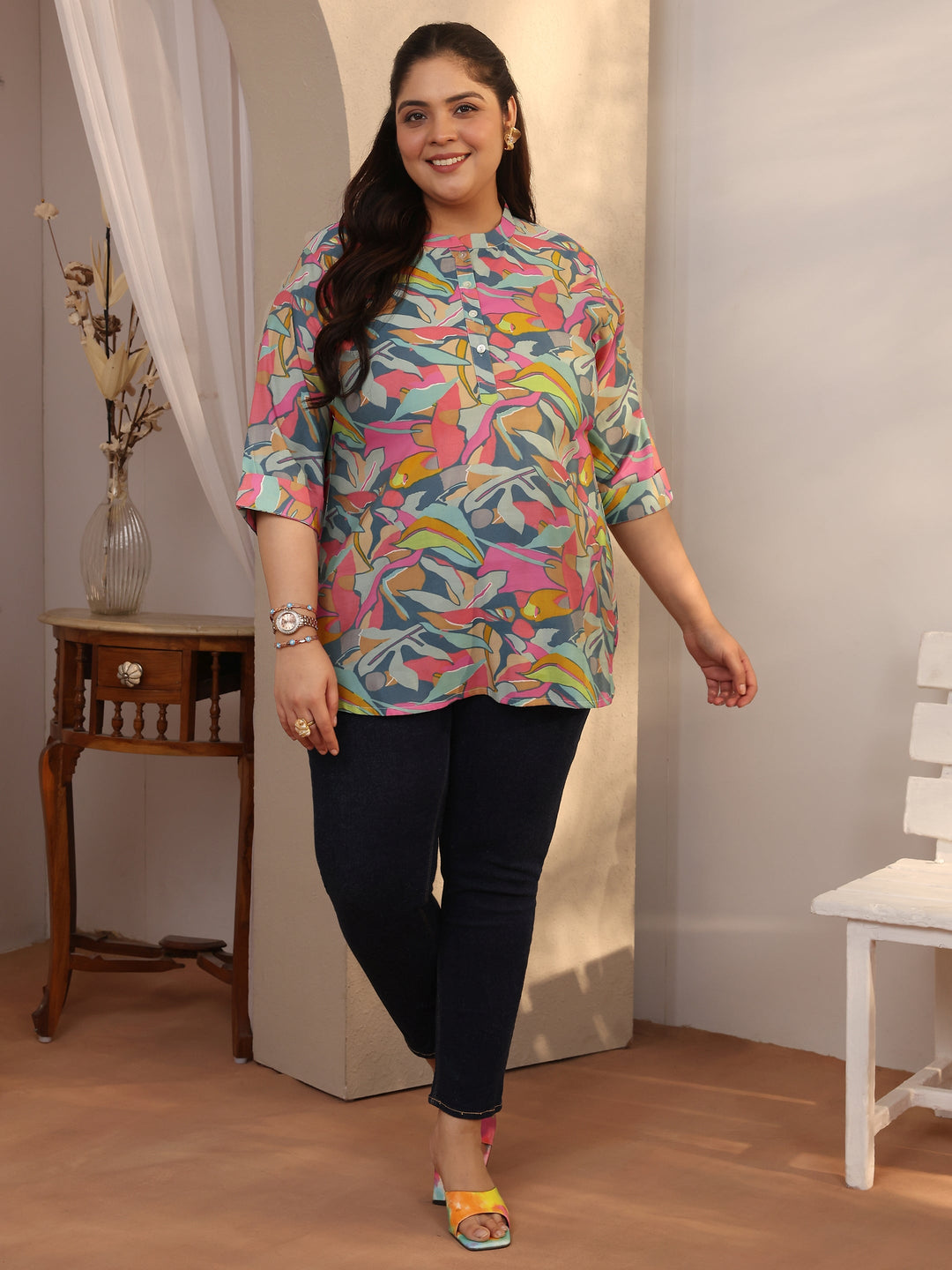 Plus Size Multi Printed Silk Blend Straight Short Kurti 
