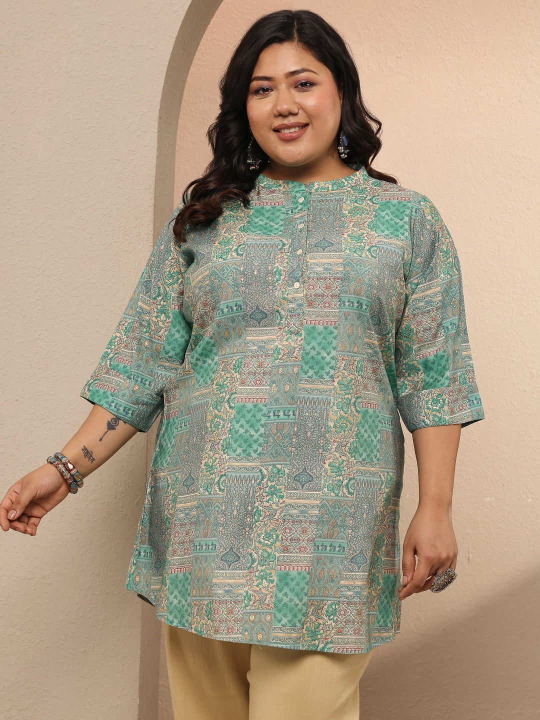  Plus Size Green Heritage Printed Silk Blend Straight Short Kurti 