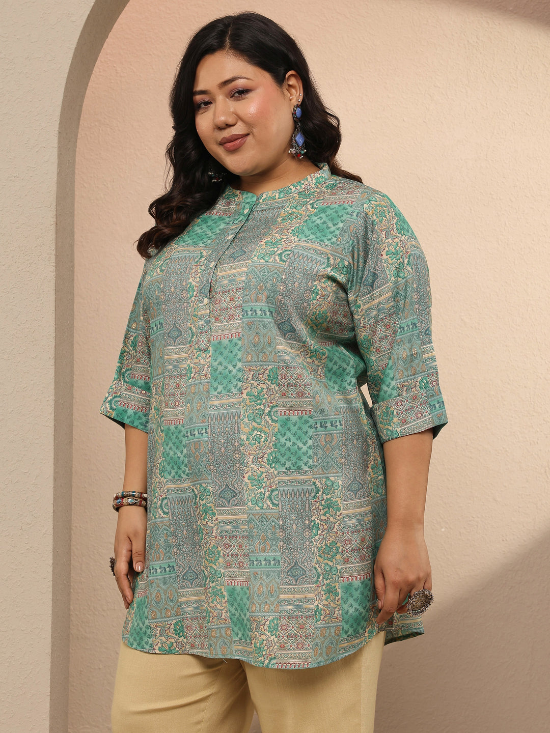  Plus Size Green Heritage Printed Silk Blend Straight Short Kurti 