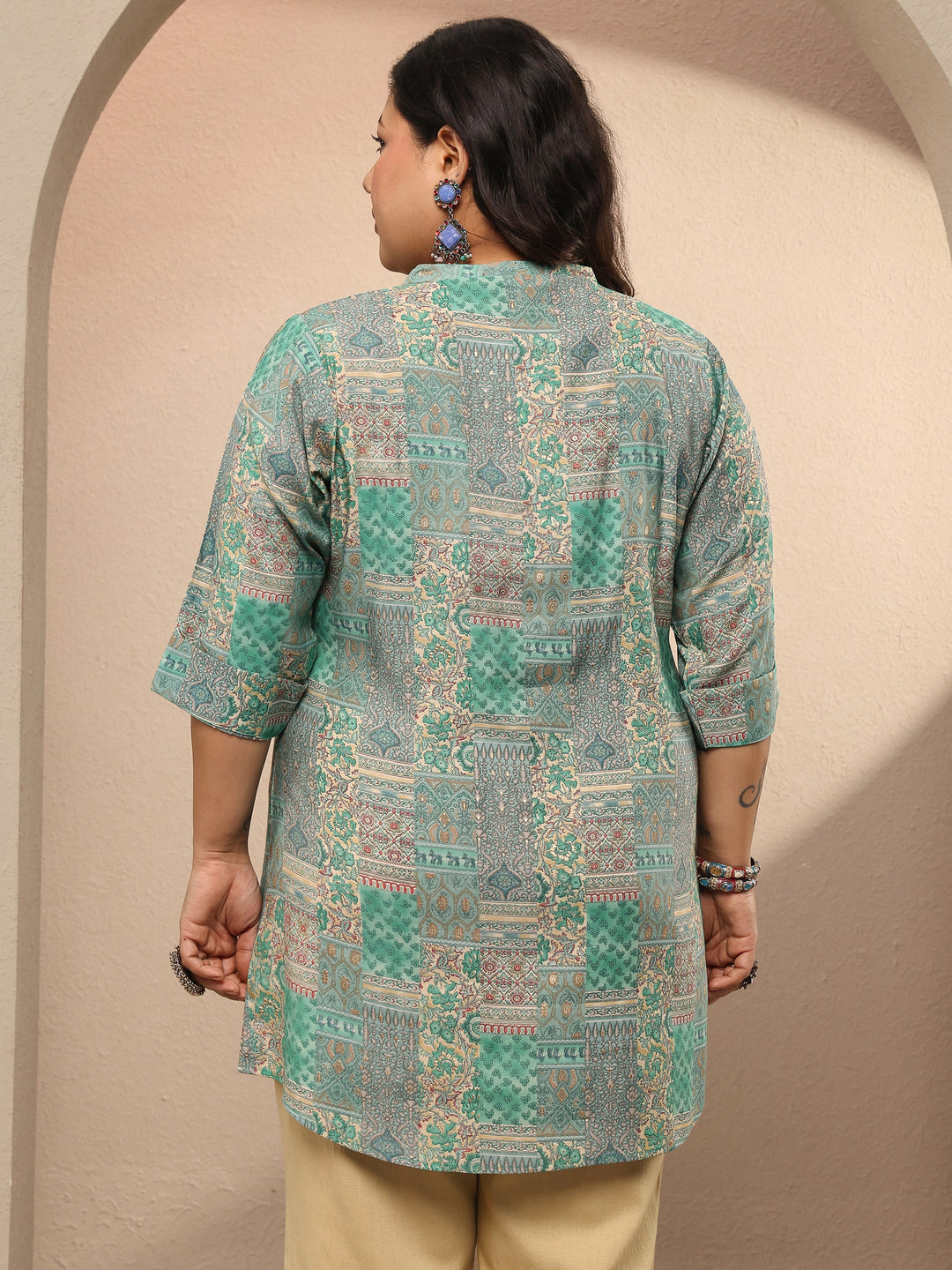  Plus Size Green Heritage Printed Silk Blend Straight Short Kurti 