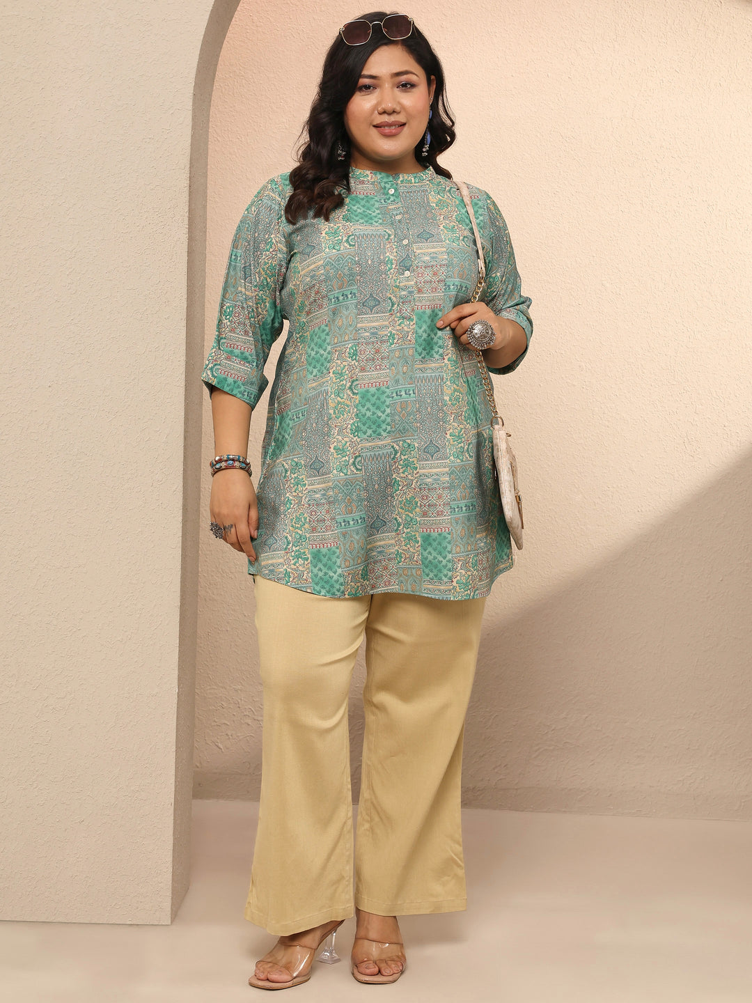  Plus Size Green Heritage Printed Silk Blend Straight Short Kurti 