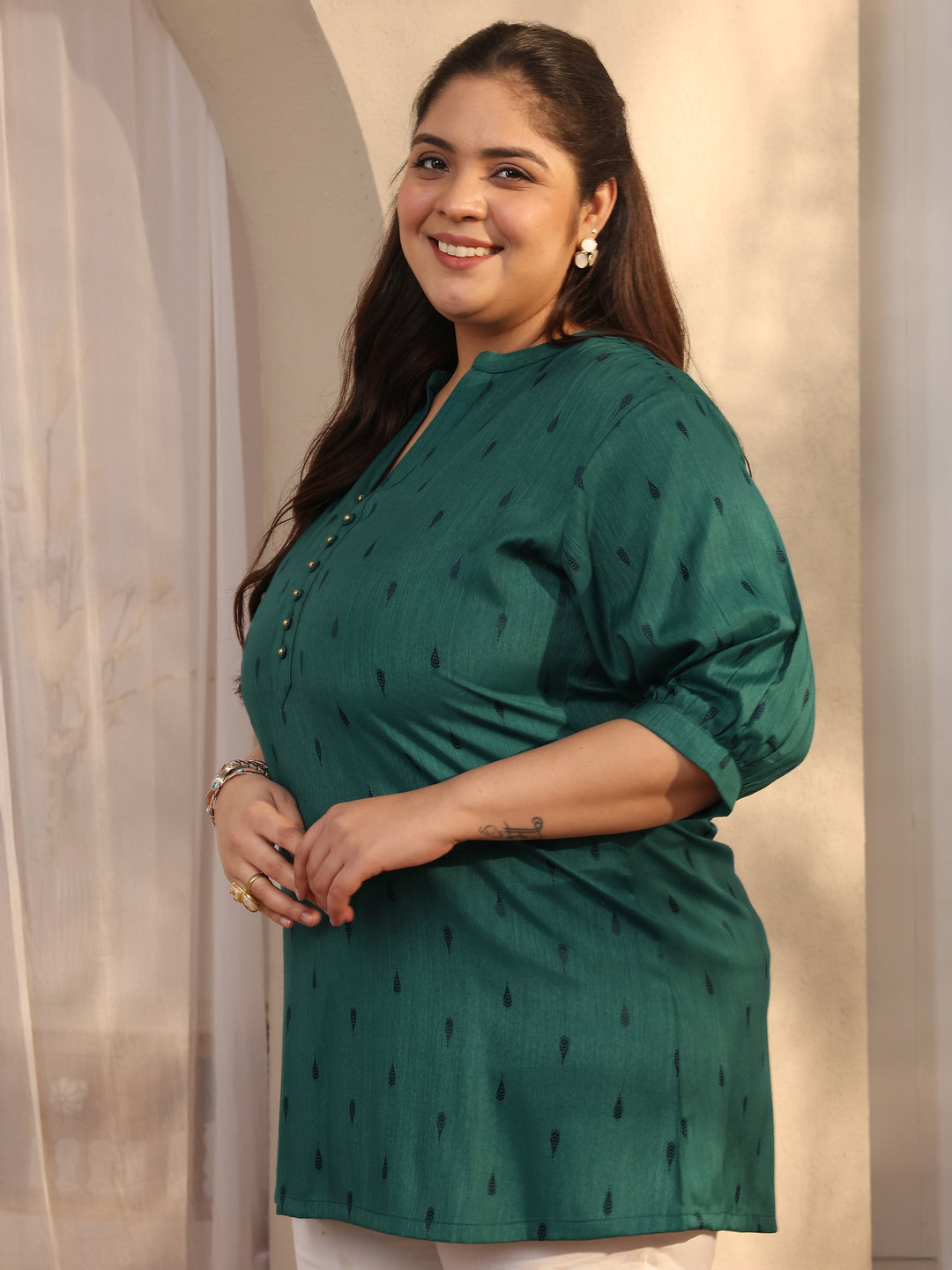  Plus Size Teal Woven Design Rayon Straight Short Kurti 