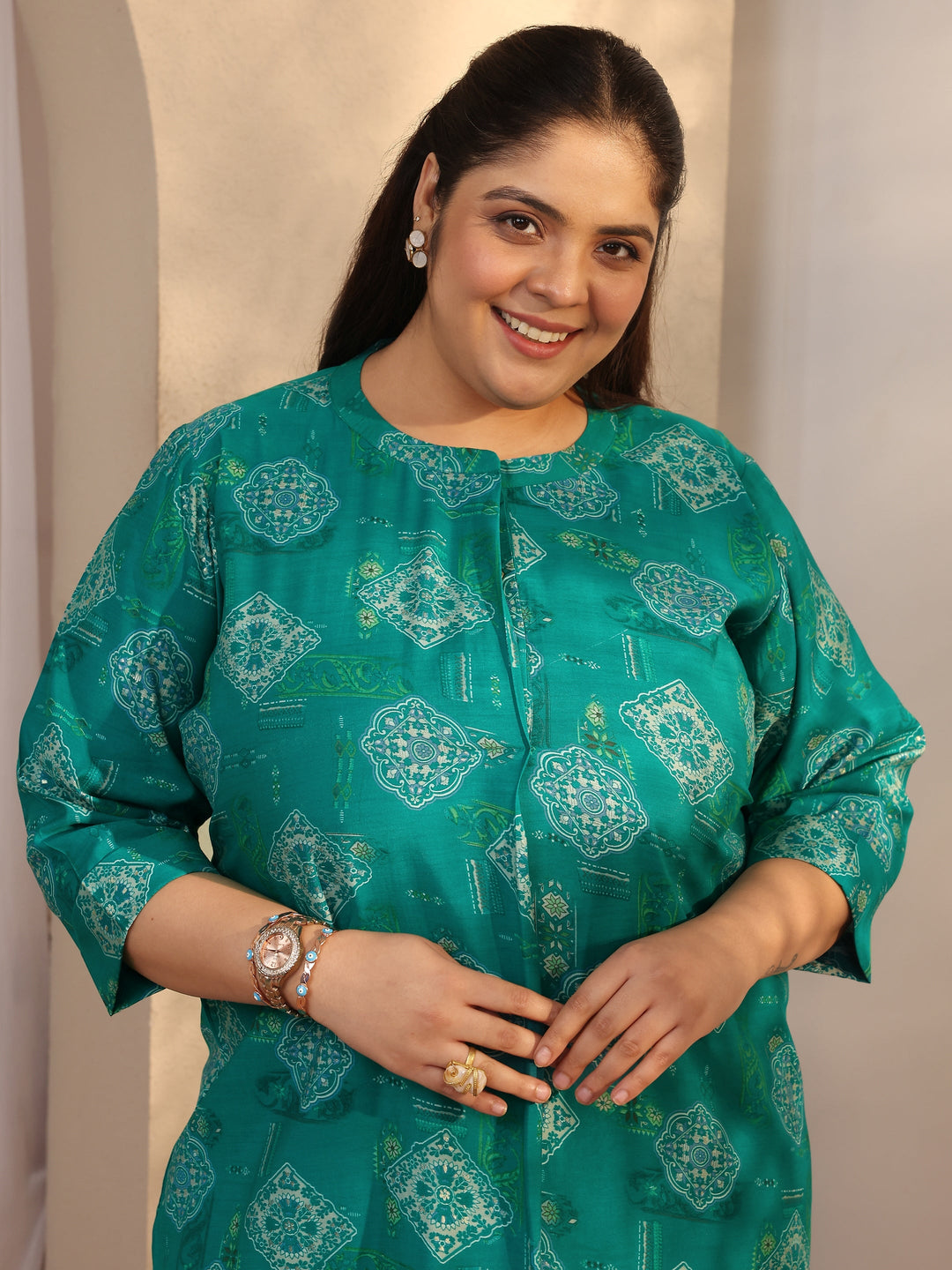  Plus Size Blue Printed Silk Blend Straight Short Kurti 