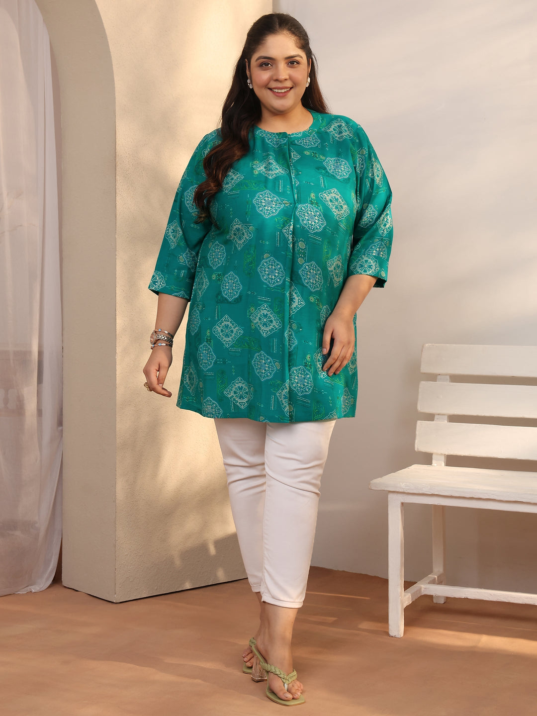  Plus Size Blue Printed Silk Blend Straight Short Kurti 