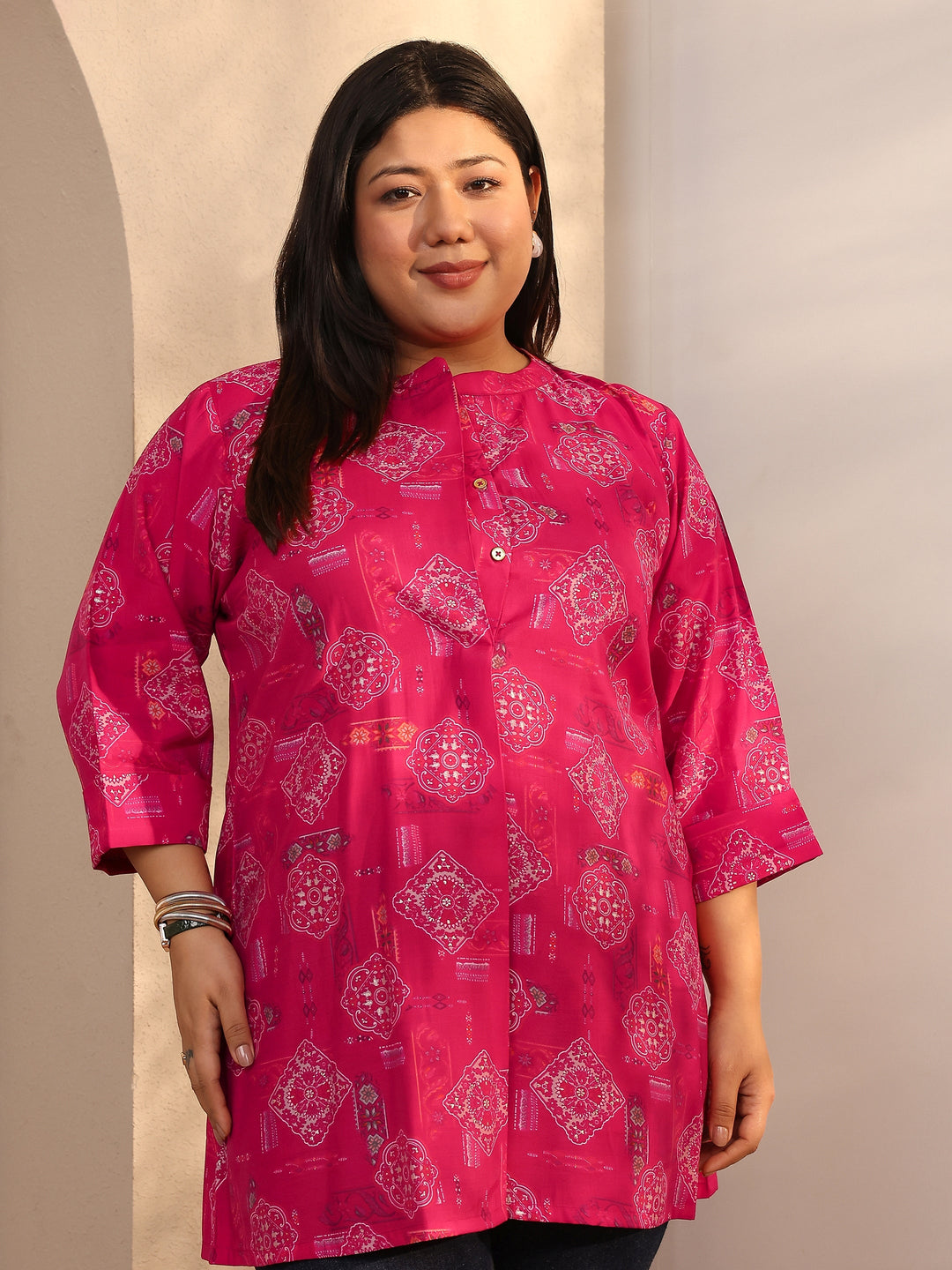 Plus Size Pink Printed Silk Blend Straight Short Kurti