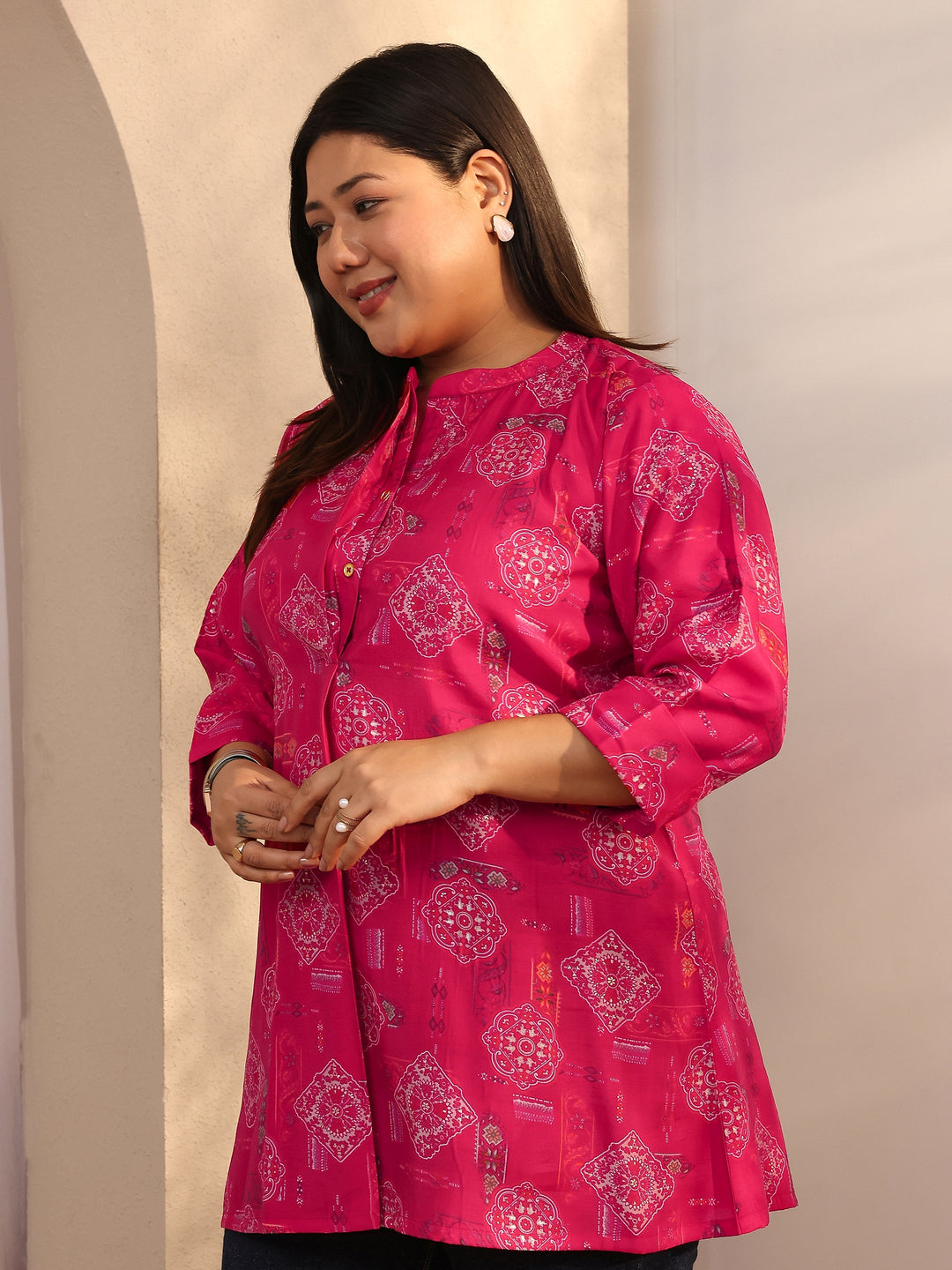  Plus Size Pink Printed Silk Blend Straight Short Kurti 