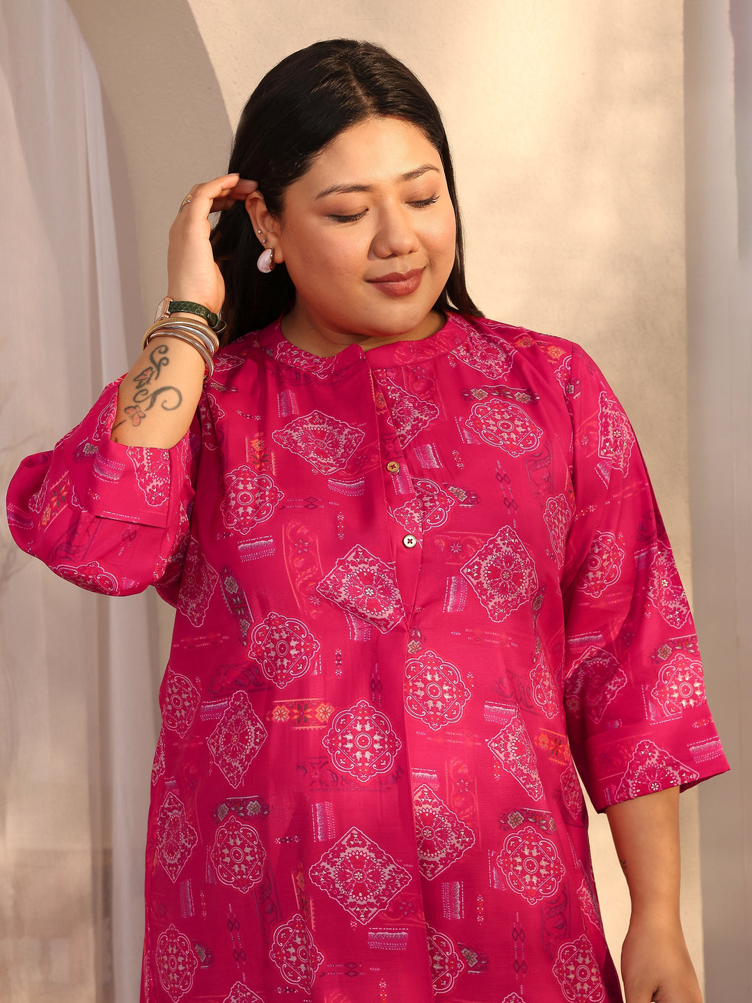  Plus Size Pink Printed Silk Blend Straight Short Kurti 