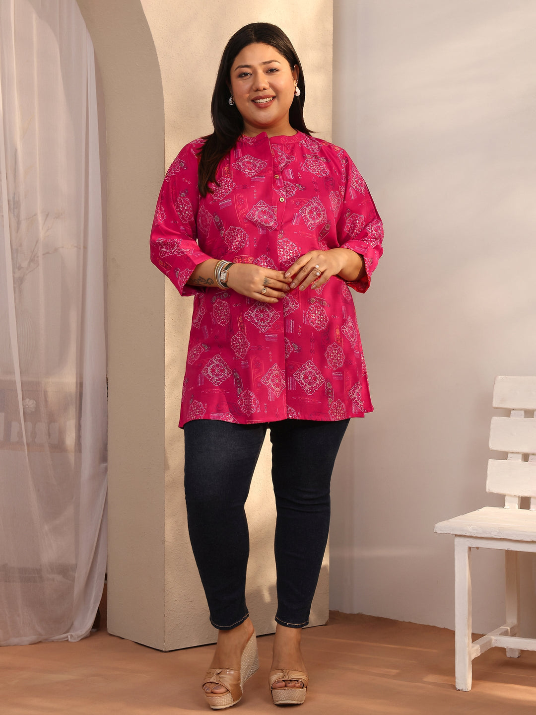  Plus Size Pink Printed Silk Blend Straight Short Kurti 