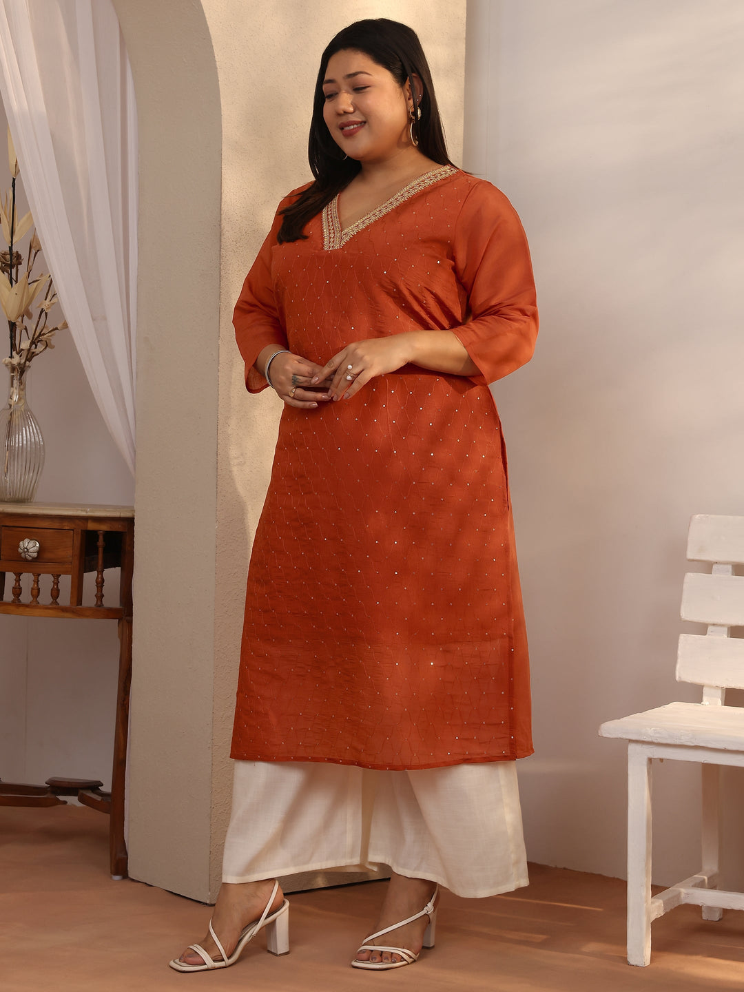  Plus Size Rust Embellished Silk Blend Straight Kurta 