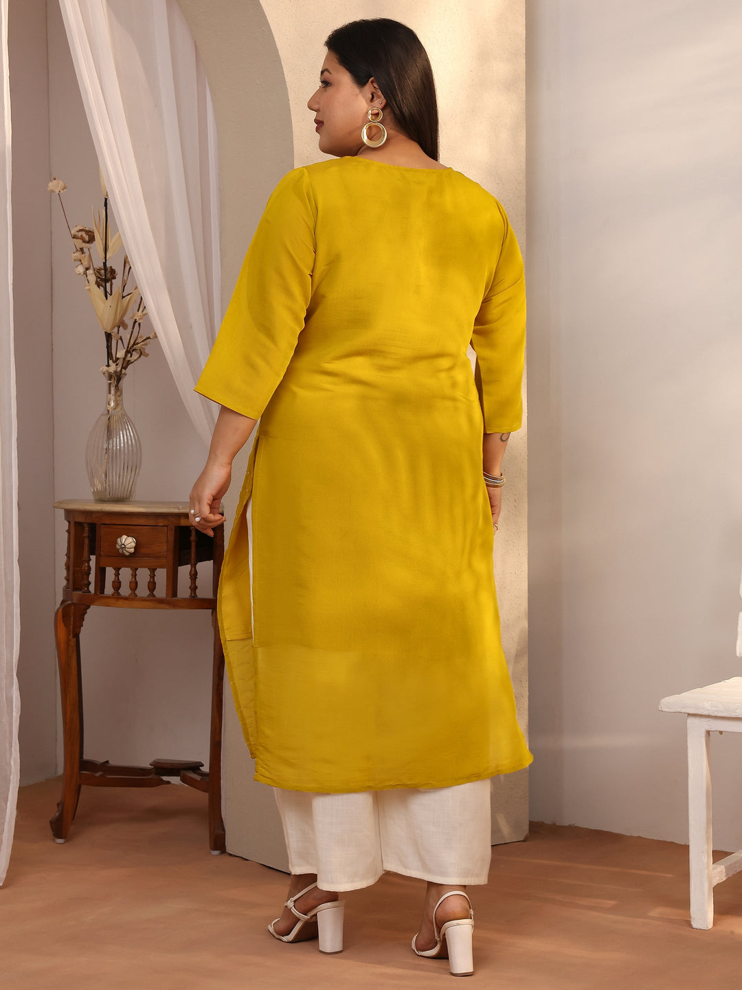  Plus Size Mustard Embellished Silk Blend Straight Kurta 