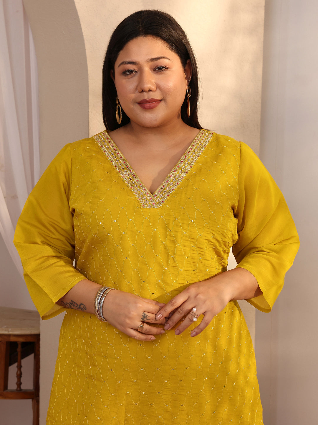 Plus Size Mustard Embellished Silk Blend Straight Kurta 