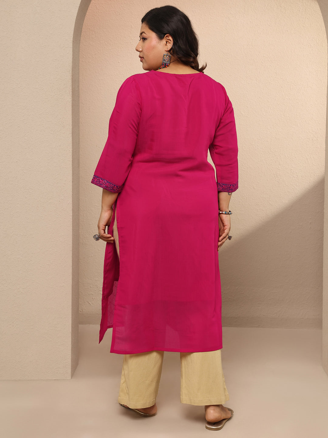  Plus Size Pink Embellished Silk Blend Straight Kurta 