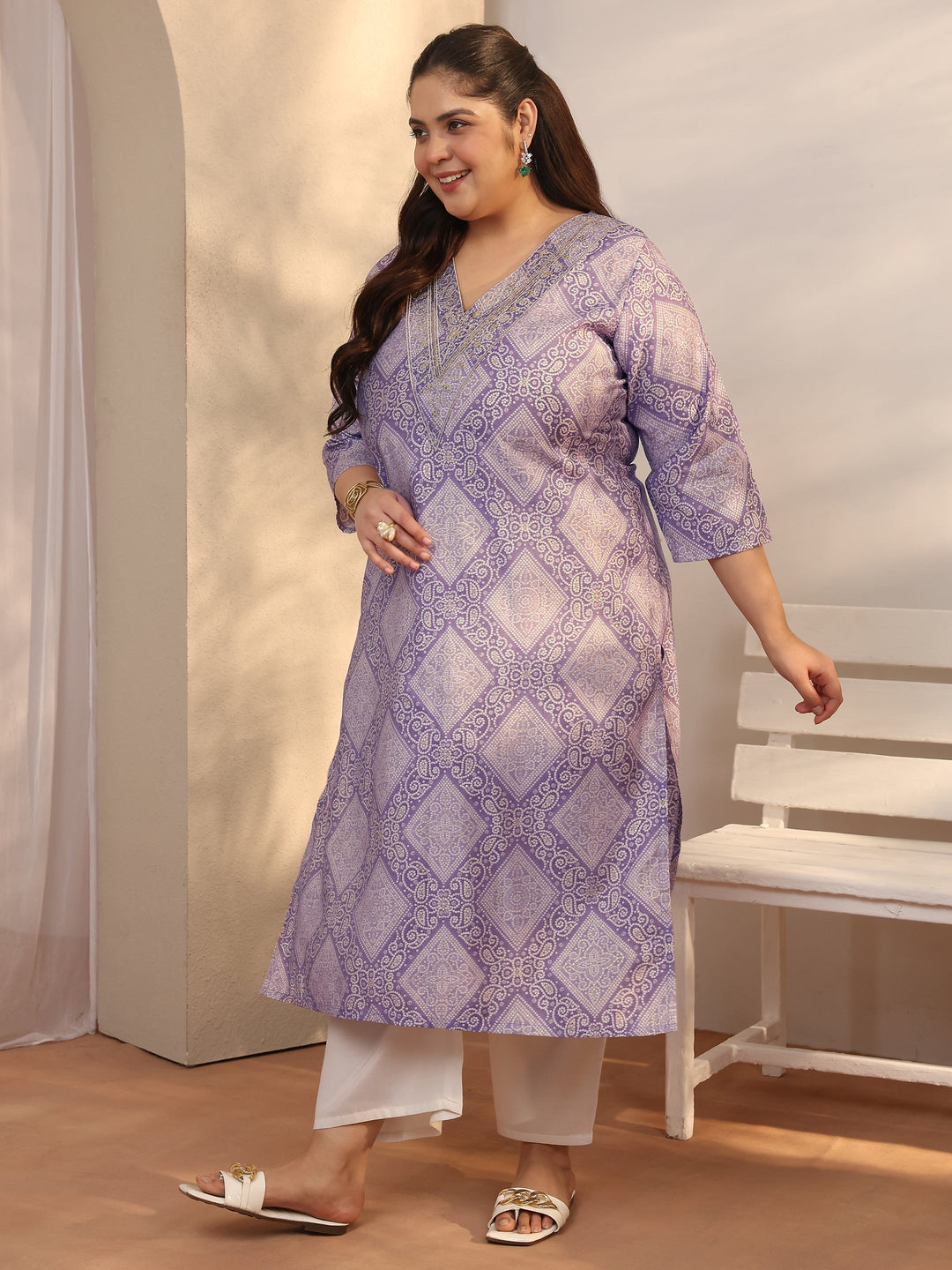  Plus Size Lavender Bandhani Printed Silk Blend Straight Kurta 