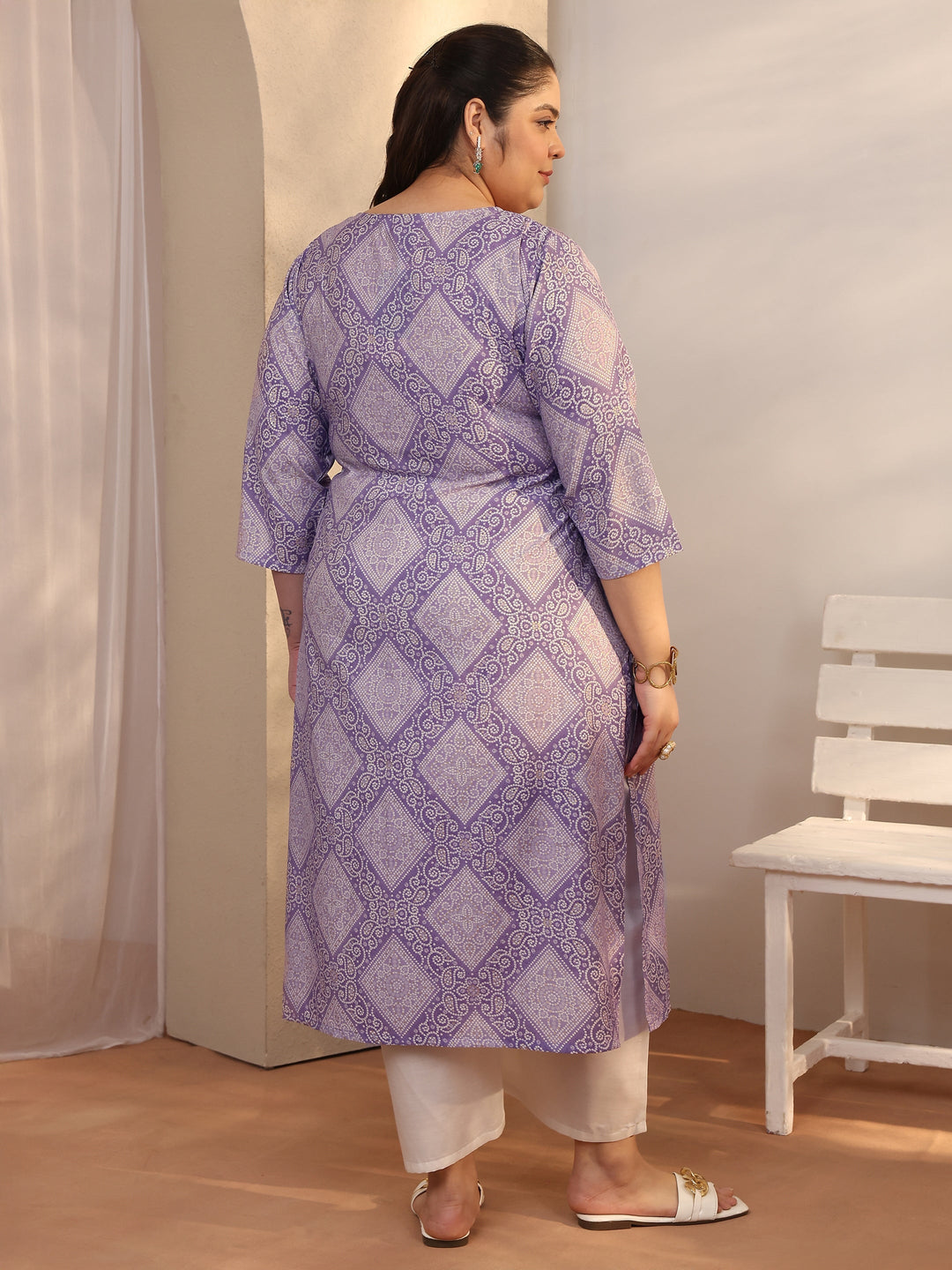  Plus Size Lavender Bandhani Printed Silk Blend Straight Kurta 