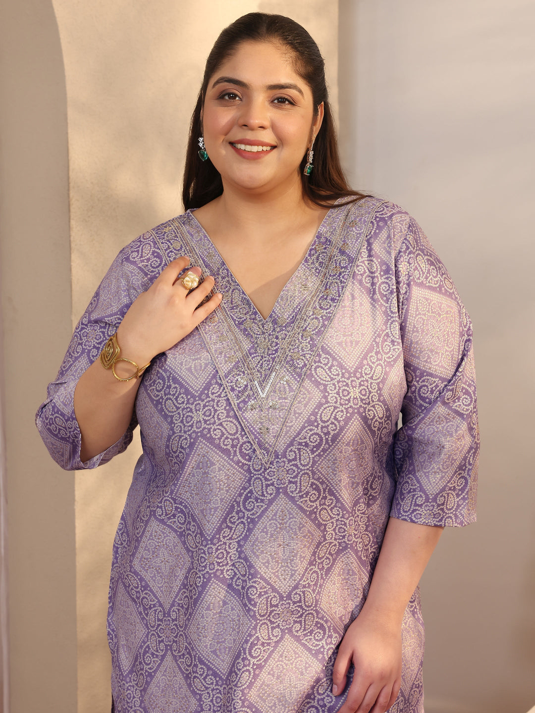  Plus Size Lavender Bandhani Printed Silk Blend Straight Kurta 