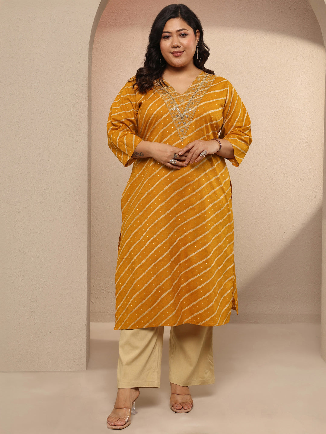  Plus Size Mustard Leheriya Printed Cotton Straight Kurta 