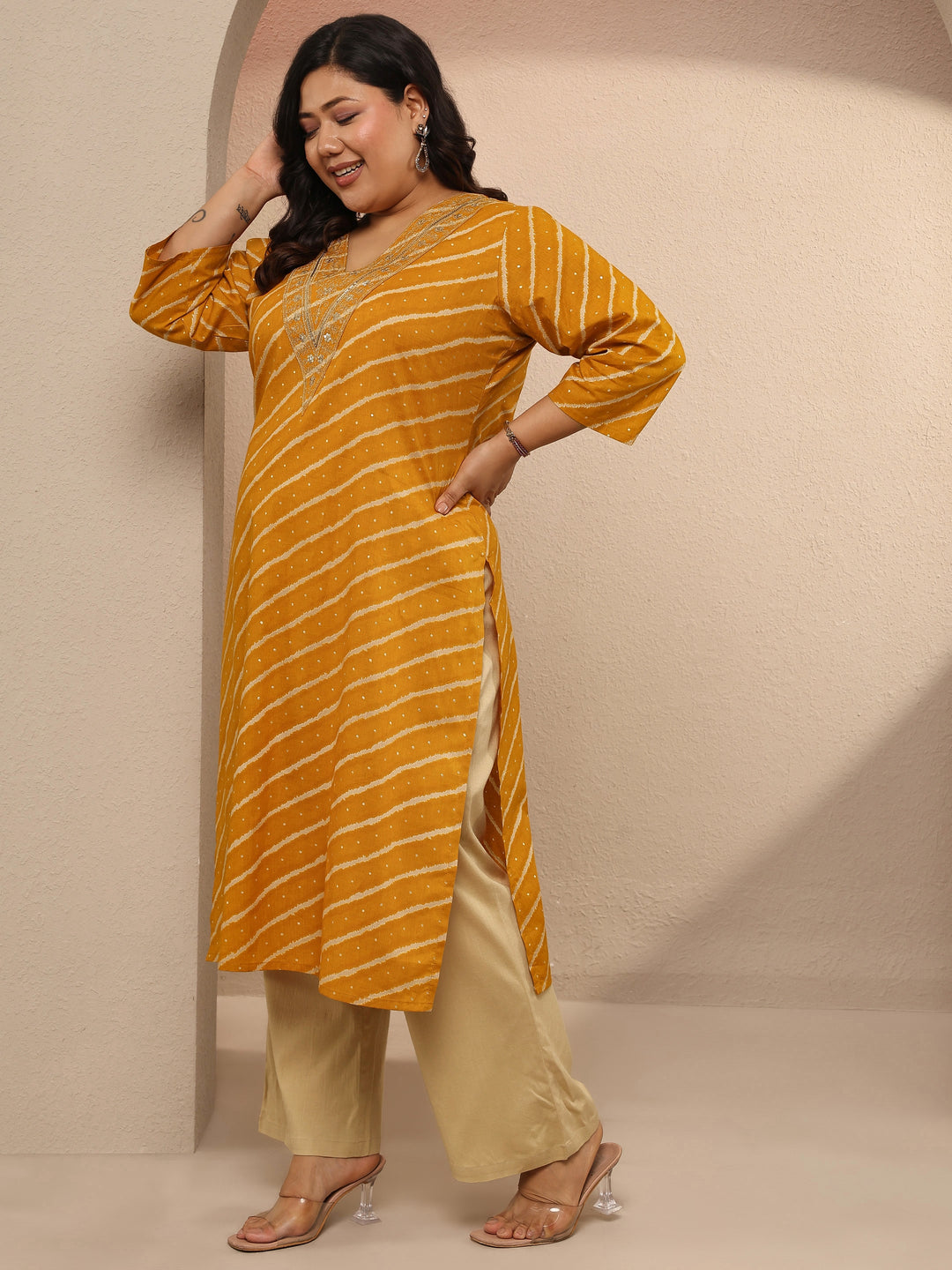  Plus Size Mustard Leheriya Printed Cotton Straight Kurta 