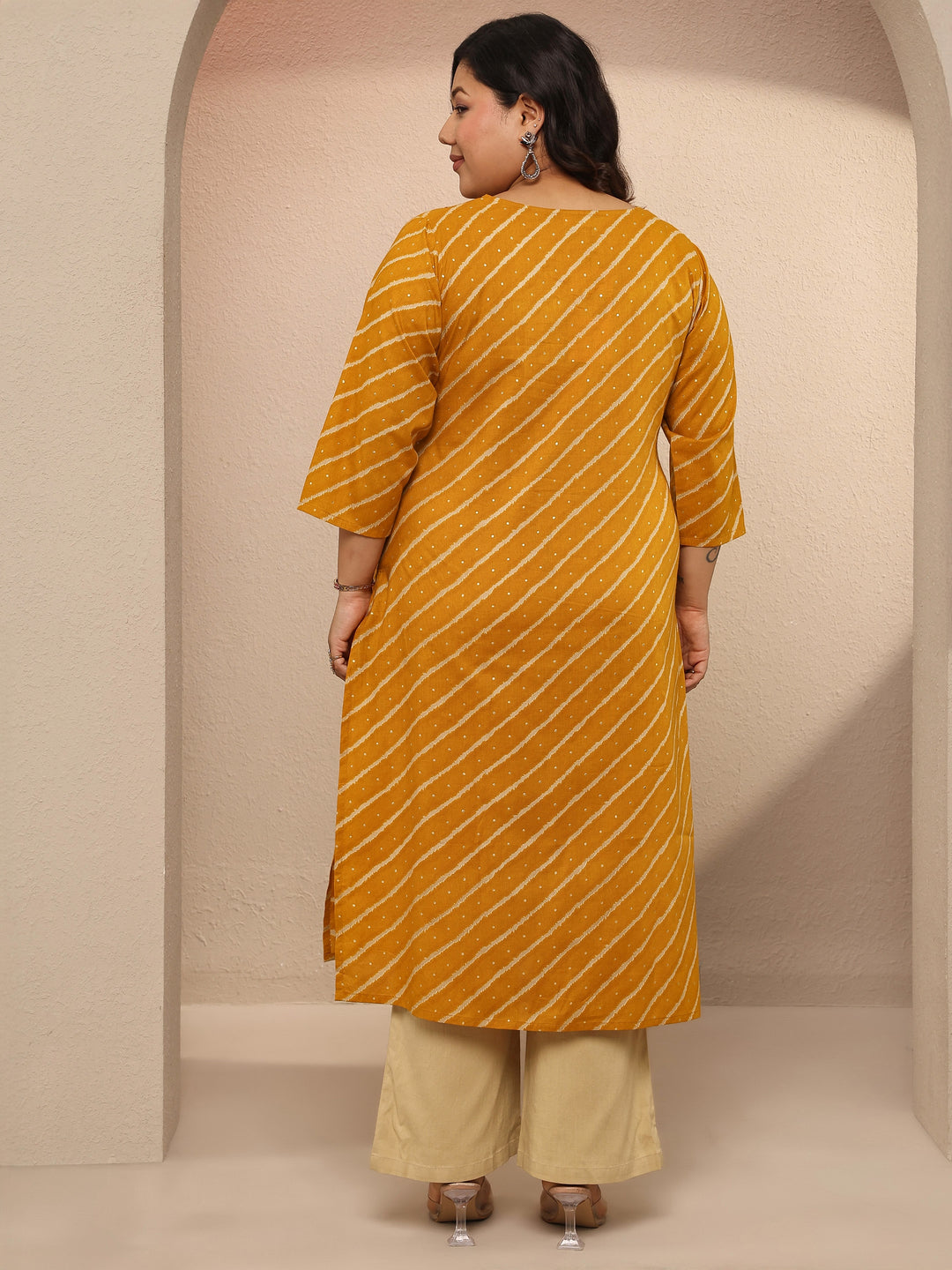  Plus Size Mustard Leheriya Printed Cotton Straight Kurta 