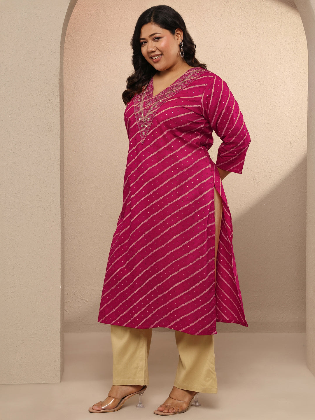  Plus Size Pink Leheriya Printed Cotton Straight Kurta 
