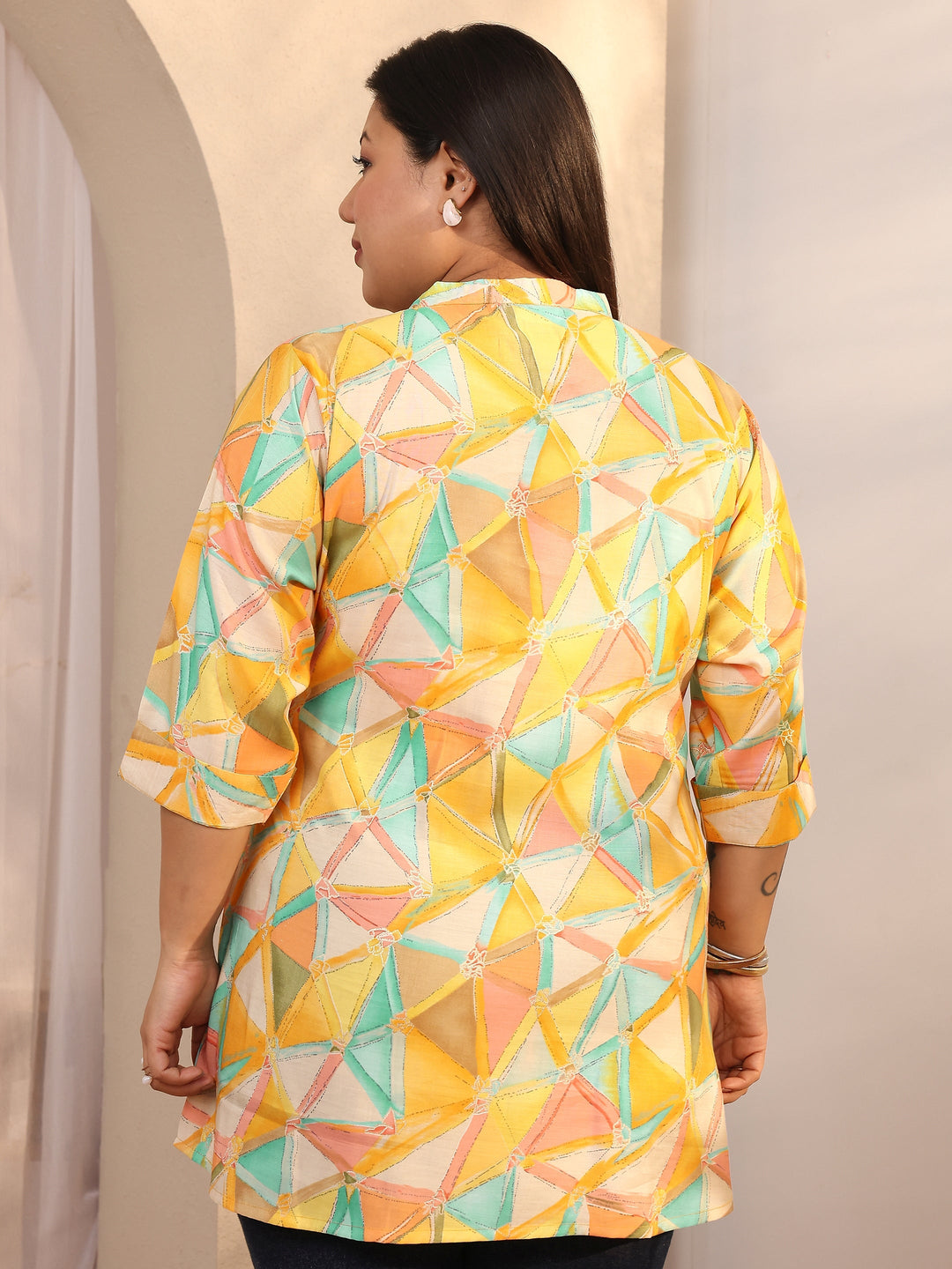  Plus Size Multi Printed Silk Blend Straight Short Kurti 