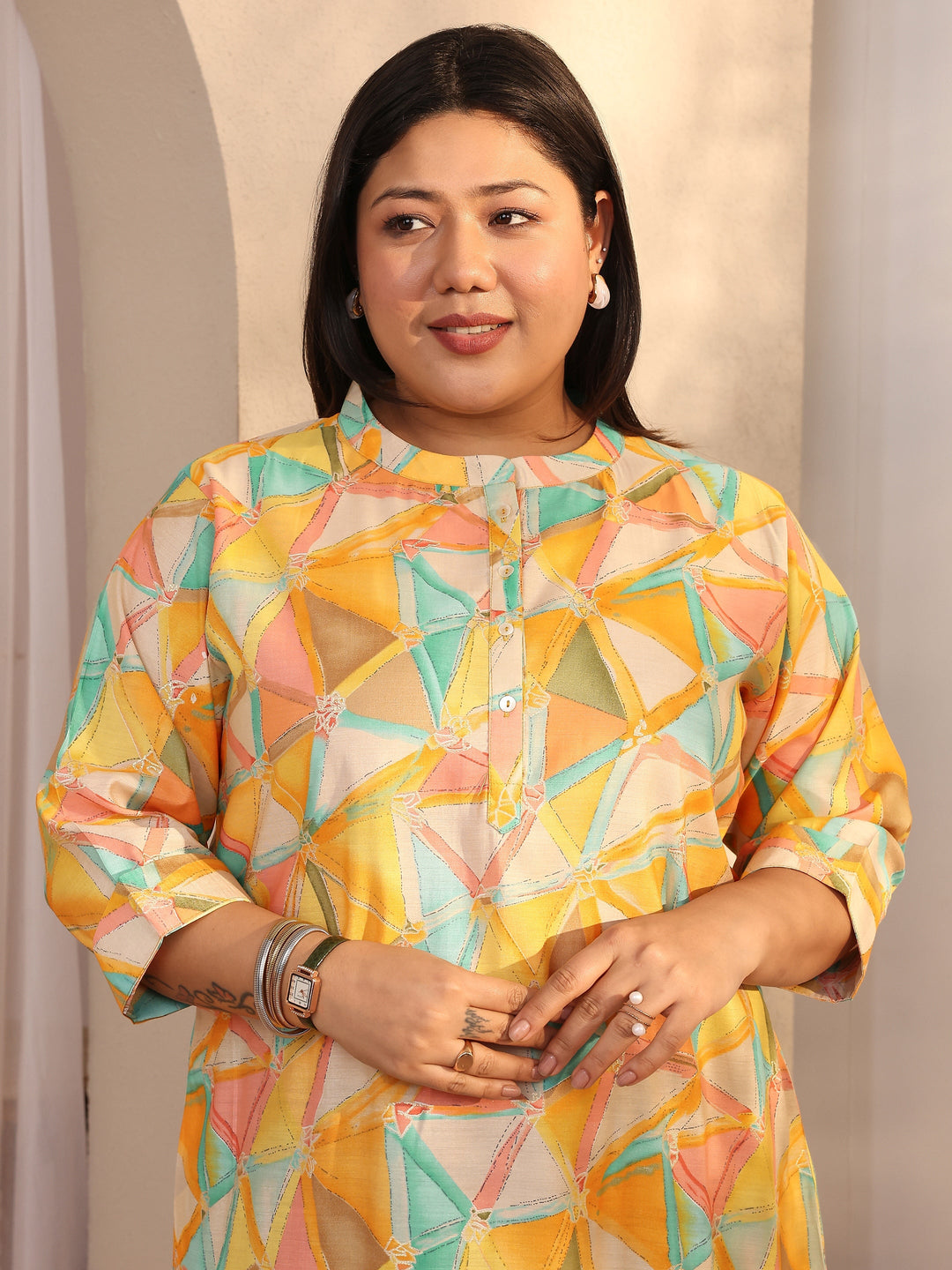  Plus Size Multi Printed Silk Blend Straight Short Kurti 