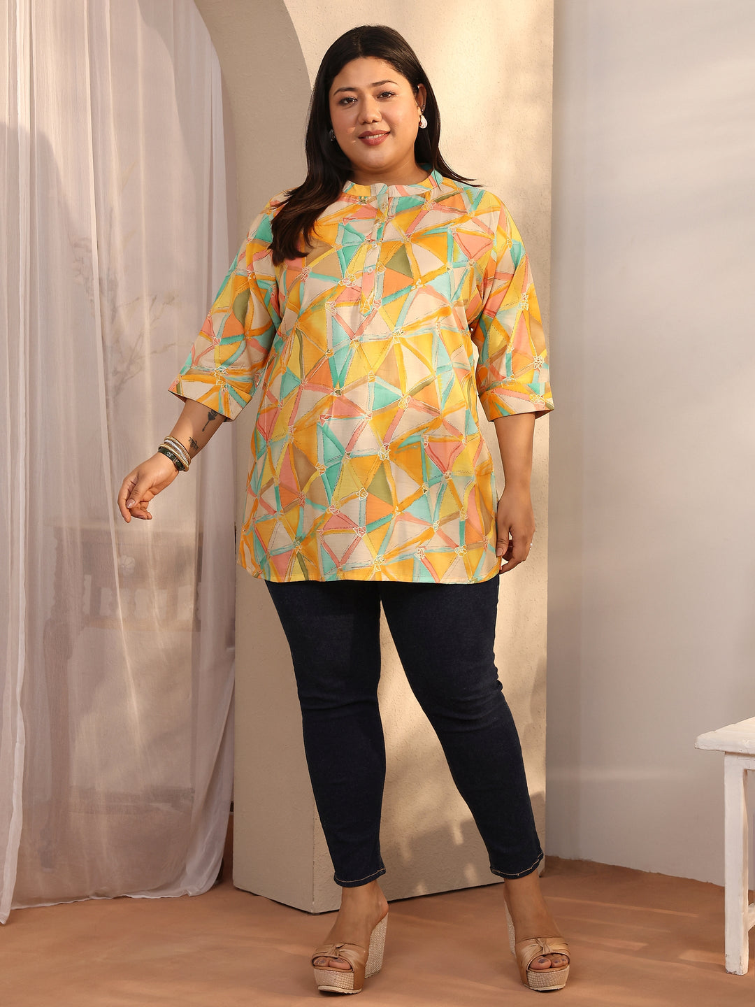  Plus Size Multi Printed Silk Blend Straight Short Kurti 