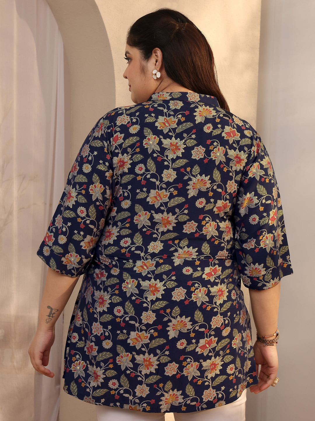  Plus Size Navy Blue Printed Silk Blend Straight Short Kurti 