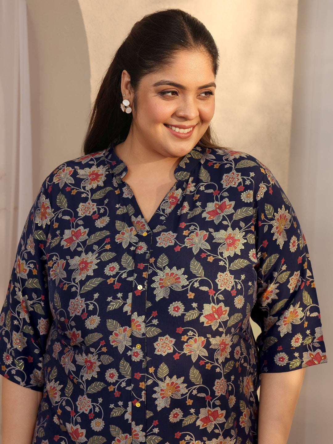  Plus Size Navy Blue Printed Silk Blend Straight Short Kurti 