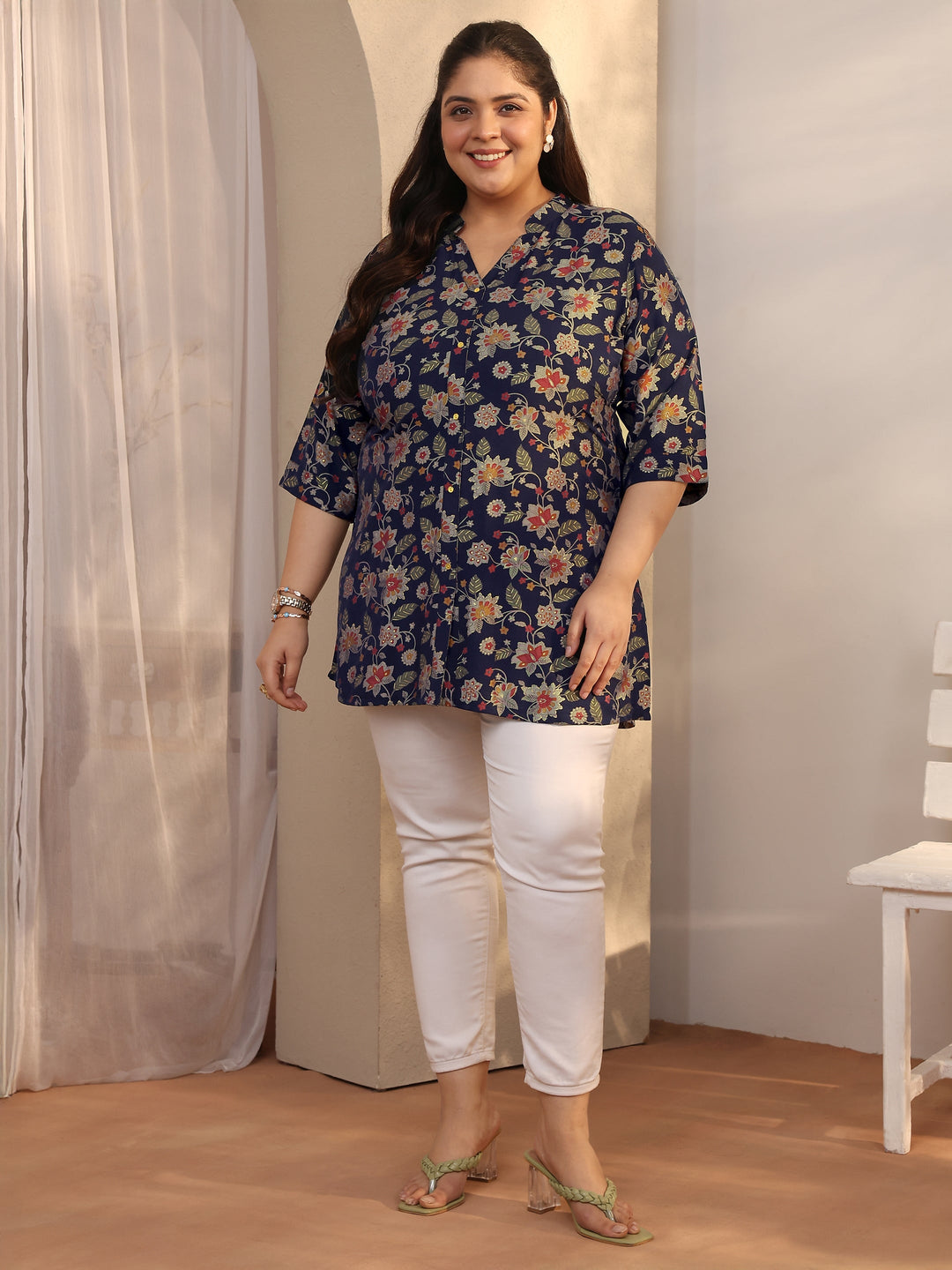  Plus Size Navy Blue Printed Silk Blend Straight Short Kurti 