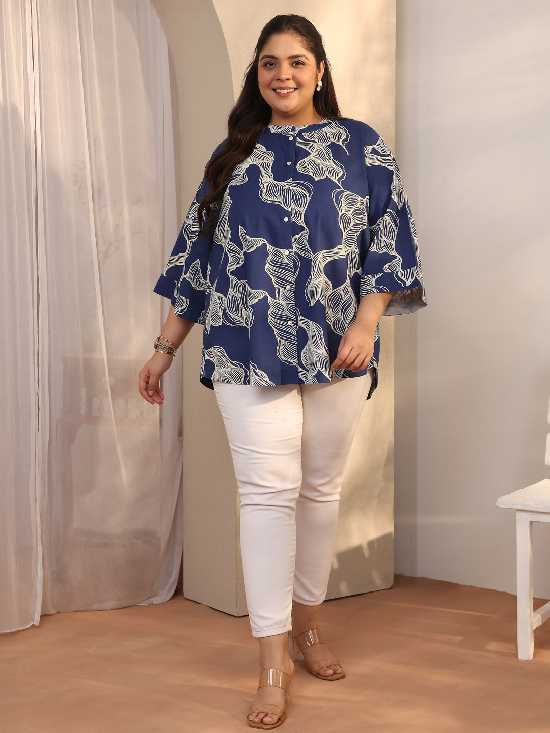  Plus Size Blue Floral Printed Cotton Shirt 