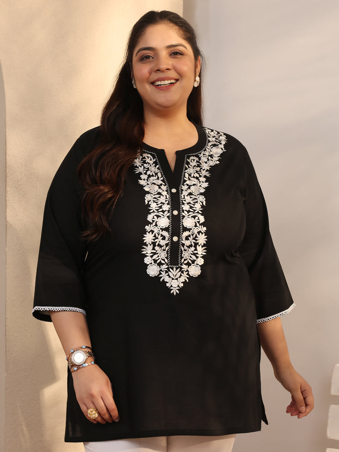  Plus Size Black Yoke Design Cotton Straight Short Kurti 