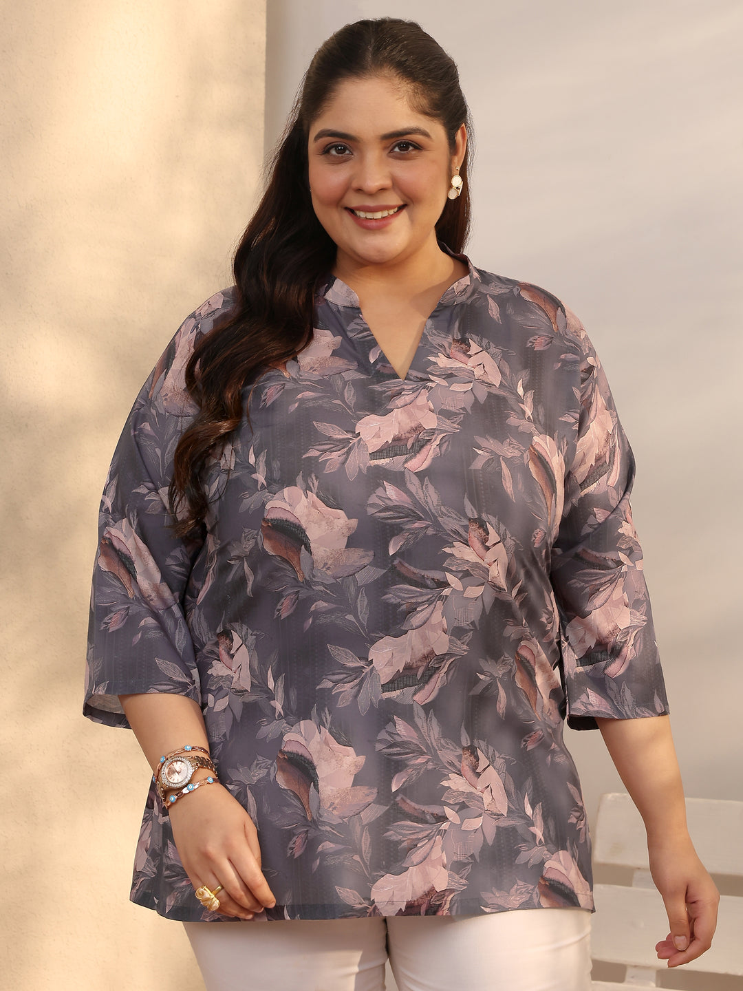 Plus Size Mauve Printed Cotton Blend Straight Short Kurti